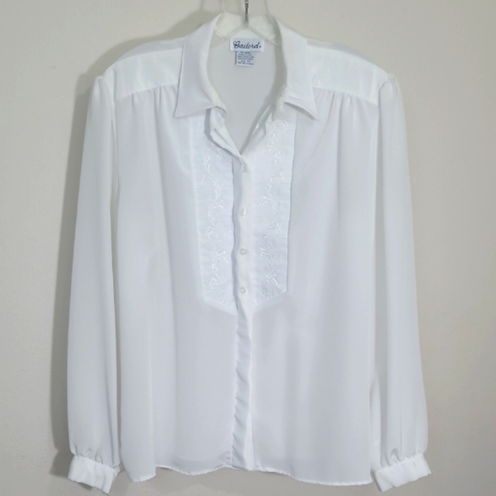 White Button-Up Blouse Long Sleeve Dressy Lightweight Hidden Buttons Romantic